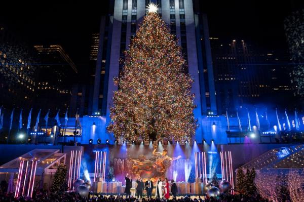 The Rockefeller Center Christmas tree lit up. 