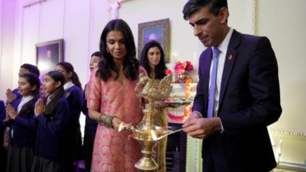 Britain's Prime Minister Rishi Sunak and his wife Akshata Murty host a reception at 10 Downing Street to celebrate Diwali in Lo<em></em>ndon on November 8, 2023. Photo  AFP