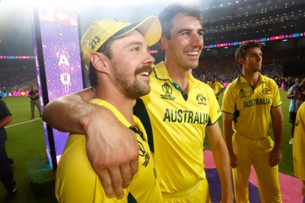 Travis Head and Pat Cummins of Australia celebrate