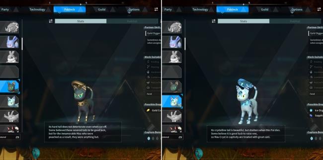 Palworld: A split image of the Paldeck screens for Mau (left) and Mau Cryst (right)