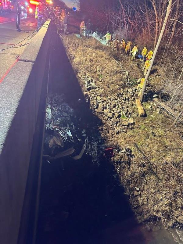 First respo<em></em>nders respond to the scene of a crash on Tuesday, Dec. 26, 2023 on Interstate 94 at the Salt Creek overpass after two fishermen found a Mishawaka man who police said crashed his pickup truck around Dec. 20, 2023.- Original Credit: Indiana State Police