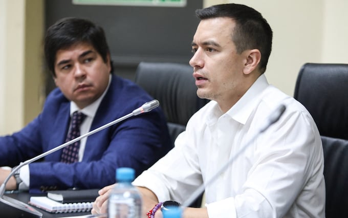 Daniel Noboa speaking during a press co<em></em>nference a<em></em>bout security in Samborondon, Ecuador on December 15, 2023