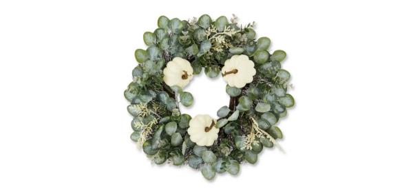 Eucalyptus and white Pumpkin Wreath on white background