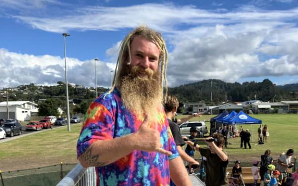 Skateboarder Drew Rees throws a shaka at the opening of Tairua Skate Park 15 April 2024.