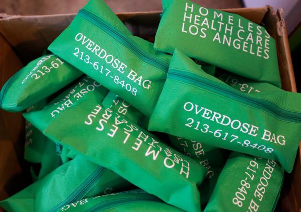 Assembled overdose kits for distribution at the Center for Harm Reduction in Skid Row in September 2021.