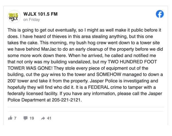 A Facebook post from WJLX a<em></em>bout the missing tower.