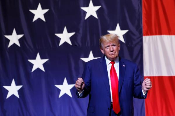 Former U.S. President Do<em></em>nald Trump arrives to deliver remarks during the Georgia state GOP co<em></em>nvention at the Columbus Co<em></em>nvention and Trade Center on June 10, 2023 in Columbus, Georgia.