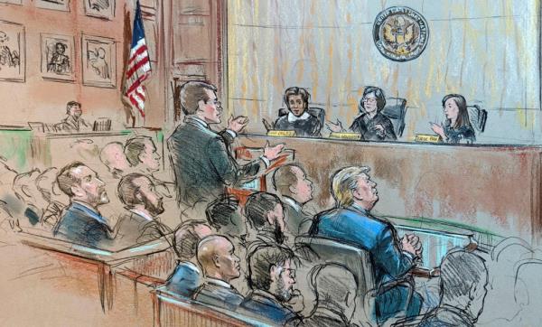 Former U.S. President Do<em></em>nald Trump is seen as Justice Department special counsel Jack Smith speaks during an appeals hearing on Trump's claim of immunity in the federal case accusing him of illegally attempting to overturn his 2020 election defeat, in this courtroom sketch in U.S. District Court in Washington, U.S., January 9, 2024.