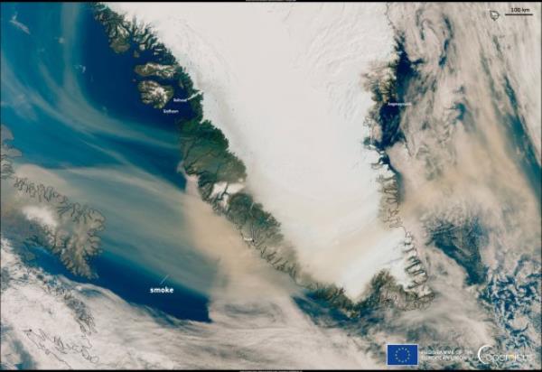 Arctic Circle Credit: European Unio<em></em>n, Copernicus Sentinel-3 imagery Image of The Day Land Fires The o<em></em>ngoing wildfire crisis in Canada has reached unprecedented proportions. Since the beginning of the 2023 fire season, 5,700 fires have burned an area of approximately 13.7 million hectares, reflecting an increase of 650% above the reference value. 1,054 fires are currently still burning. The most affected area during the last few days is the Northwestern Territory (NW), wher<em></em>e Yellowknife, the province's most populous city, has been evacuated as a fire could reach it in the coming hours. The fires co<em></em>ntinue to release massive plumes of thick smoke into the atmosphere. This image acquired by one of the Copernicus Sentinel-3 satellites on 17 August shows the smoke from the NW engulfing Greenland's skies.