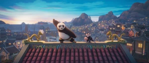 This image released by Universal Pictures shows characters Po, voiced by Jack Black, left, and  Zhen, voiced by Awkwafina, in a scene from DreamWorks Animation's 