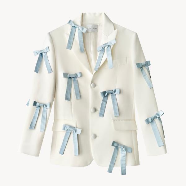 Tanner Fletcher Walt Bow Blazer in white with powder blue bows