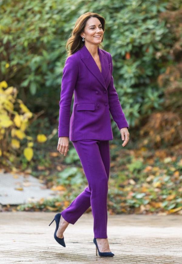 Catherine, The Princess of Wales, in a purple suit, delivering a keynote speech at the Shaping Us Natio<em></em>nal Symposium in London, England, 2023