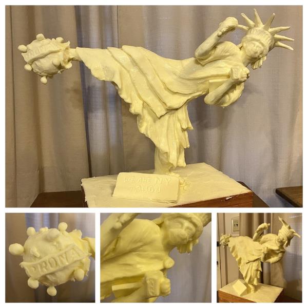 The 2020 NYS fair butter sculpture winner was a depiction of the Statue of Liberty fighting the coronavirus.