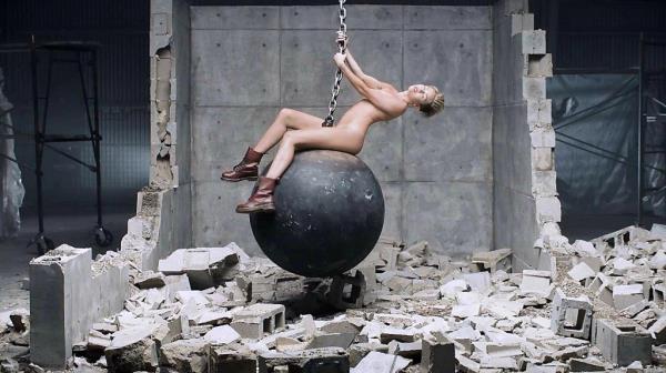 Miley Cyrus on a wrecking ball in the video of the pop song