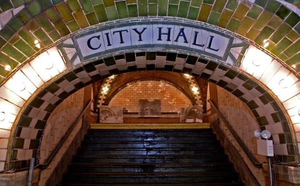 The rounded staircase for Old City Hall station is shown.