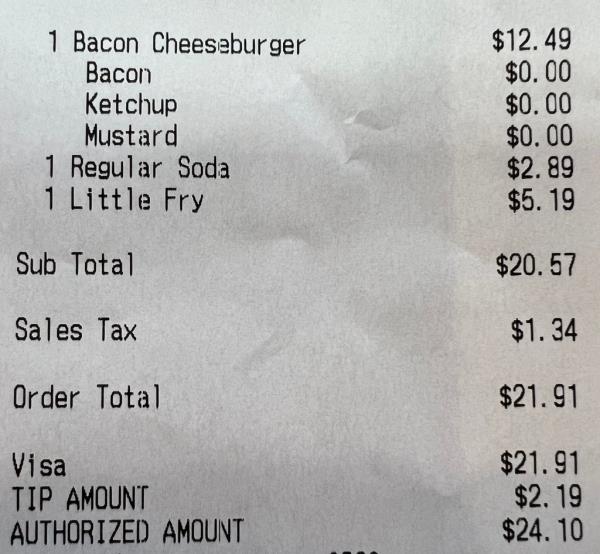 The Five Guys receipt is shown, wher<em></em>e a cheese burger costed just $12.49 alone from everything else. 