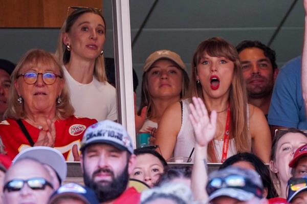 Taylor Swift reacts while watching the Kansas City Chiefs vs. Chicago Bears game during the first half at Arrowhead Stadium.