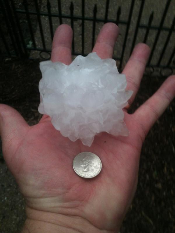 A palm-sized ball of hail from a massive storm that descended upon Texas last May, causing huge amounts of costly damage.