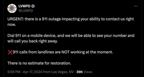 Roughly 656,000 residents of Las Vegas were urged instead to text 911, a portion of the service that wasn't interrupted.