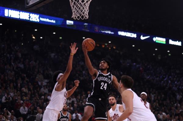 Cam Thomas of Brooklyn Nets attempts the lay up during the NBA match between Brooklyn Nets and Cleveland Cavaliers