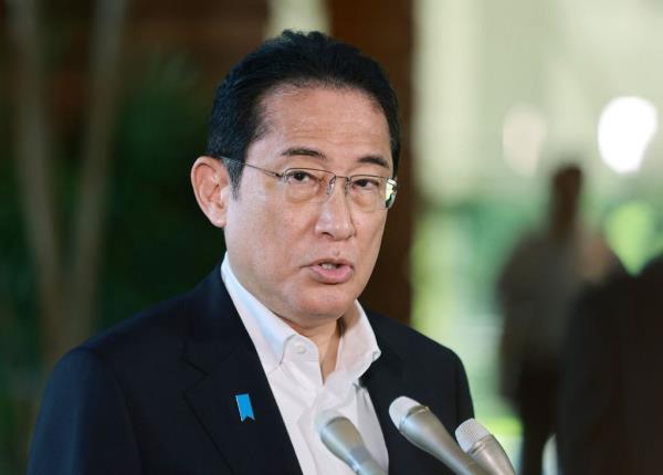 Japan's Prime Minister Fumio Kishida speaks to reporters a<em></em>bout North Korea's ballistic missile launches at the prime minister's office in Tokyo on Aug. 31, 2023. 