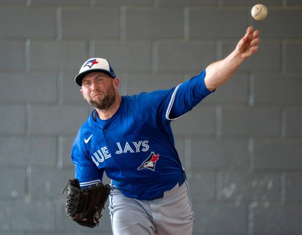 Toro<em></em>nto Blue Jays pitcher Tim Mayza pitches during ba<em></em>seball spring training in Dunedin, Fla.