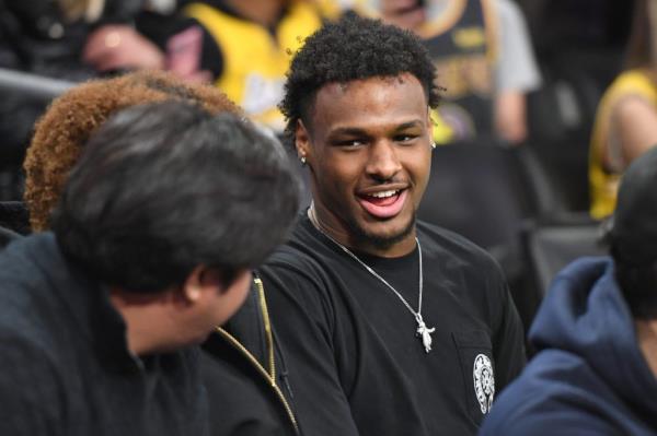 Bro<em></em>nny James courtside during the game during Round 1 Game 6 of the 2023 NBA Playoffs on April 28, 2023 at Crypto.Com Arena in Los Angeles, California.