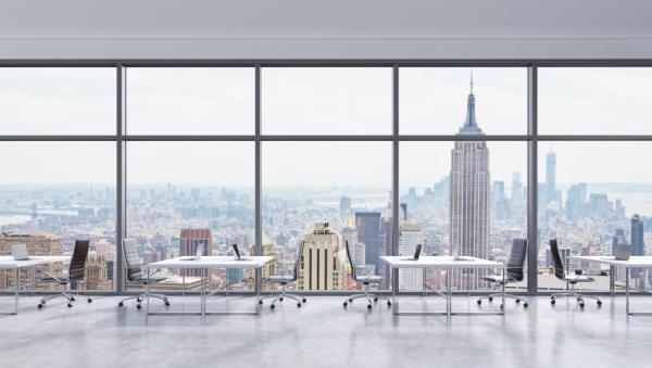 Interior of an office overlooking NYC's skyline. 