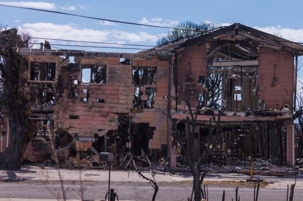 A general view of a damaged structure in the fire ravaged town of Lahaina on the island of Maui in Hawaii, U.S., August 15, 2023.  