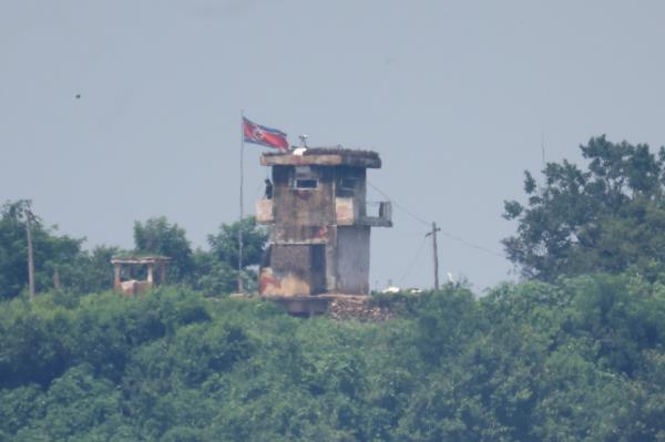 A North Korean soldier stands guard at their guard post in this picture taken near the demilitarized zone separating the two Koreas.