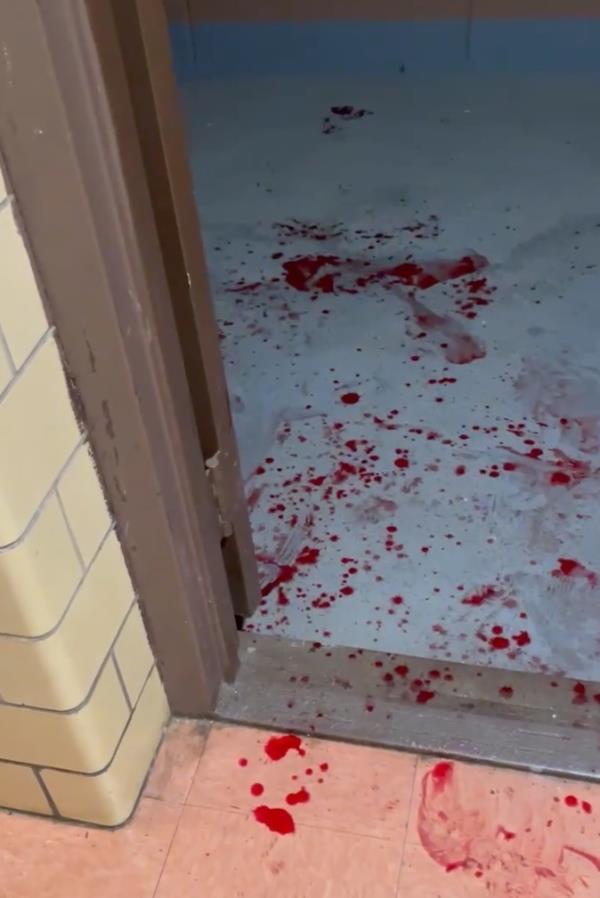 Blood splatter throughout the stairwell entrance in the Bushwick Houses.