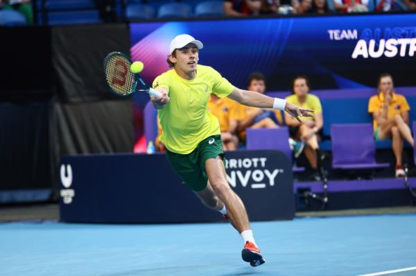 Alex de Minaur during his win over Novak Djokovic at the United Cup.