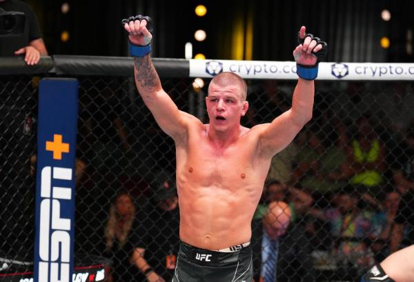 LAS VEGAS, NEVADA - JULY 01: Grant Dawson reacts after the co<em></em>nclusion of his lightweight fight against Damir Ismagulov of Russia during the UFC Fight Night event at UFC APEX on July 01, 2023 in Las Vegas, Nevada. (Photo by Chris Unger/Zuffa LLC via Getty Images)