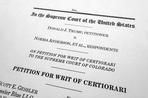 A page from an appeal from Do<em></em>nald Trump asking the U.S. Supreme Court to review the Colorado Supreme Court's finding that an insurrection clause in the Constitution's 14th Amendment renders Trump ineligible to be on the state's ballot over his role in the Jan. 6, 2021.