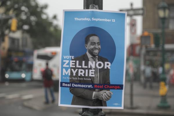 A flyer for Zellnor Myrie, who was running for NY State Senate, on Eastern Parkway and Utica Avenue in Crown Heights.