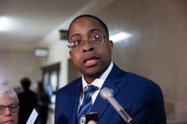 Senator Zellnor Myrie speaks to the media after the The New York State of the State on Tuesday, Jan. 9, 2024 in Albany, New York.