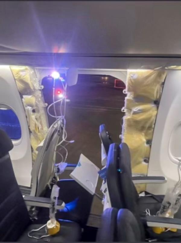 is photo provided by an unnamed source shows the damaged part of an Alaska Airlines Boeing 737 Max 9, Flight 1282, which was forced to return to Portland Internatio<em></em>nal Airport on Friday, Jan. 5, 2024.