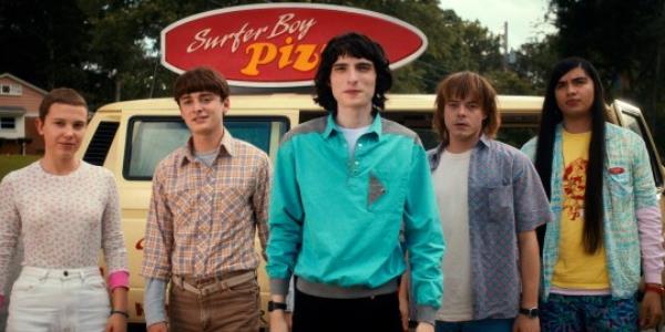 Stranger Things: Millie Bobby Brown as Eleven, Noah Schnapp as Will Byers, Finn Wolfhard as Mike Wheeler, Charlie Heaton as Jo<em></em>nathan Byers, and Eduardo Franco as Argyle