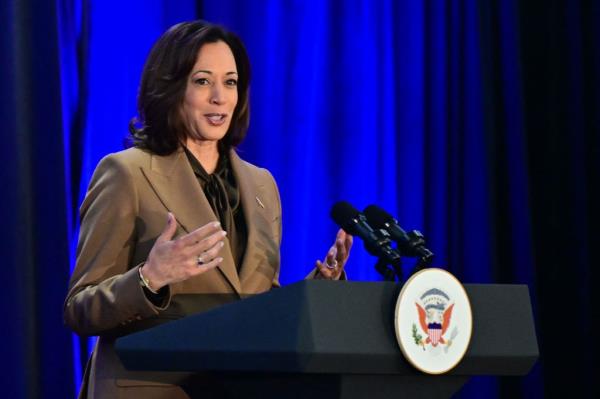 US Vice President Kamala Harris delivers remarks during the Women's Eco<em></em>nomic Participation in the Industries of the Future meeting at the Asia-Pacific Eco<em></em>nomic Cooperation (APEC) Leaders' Week in San Francisco, California, on November 16, 2023.