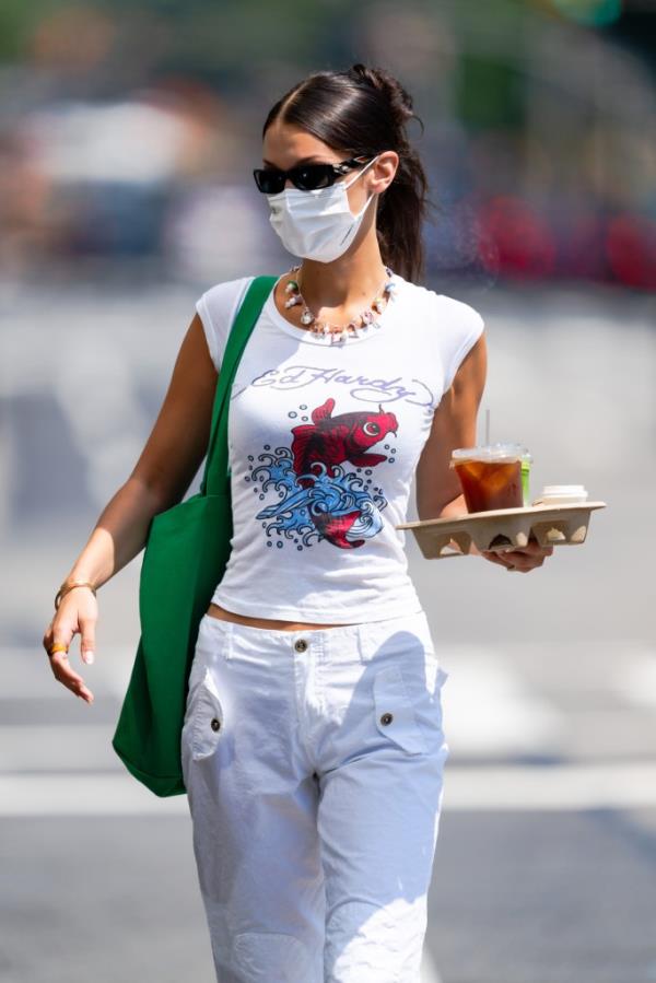 Bella Hadid in Ed Hardy stepping out for coffee in New York City. 