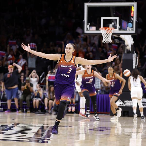 Guard Diana Taurasi #3 of the Phoenix Mercury reacts after scoring her 10,000th career point during the second half against the Atlanta Dream at Footprint Center on August 3, 2023 in Phoenix, Arizona. 