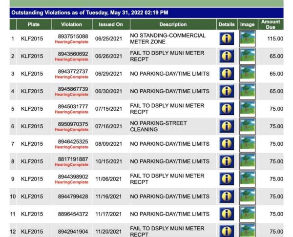 A sampling of the many parking tickets that Steinberg has accrued.