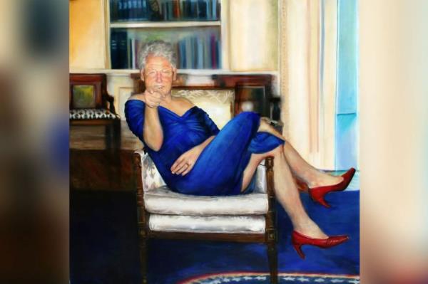 oil painting of Bill Clinton in a blue dress