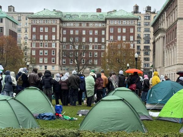 Protesters gathered around tents and campus buildings at Columbia.